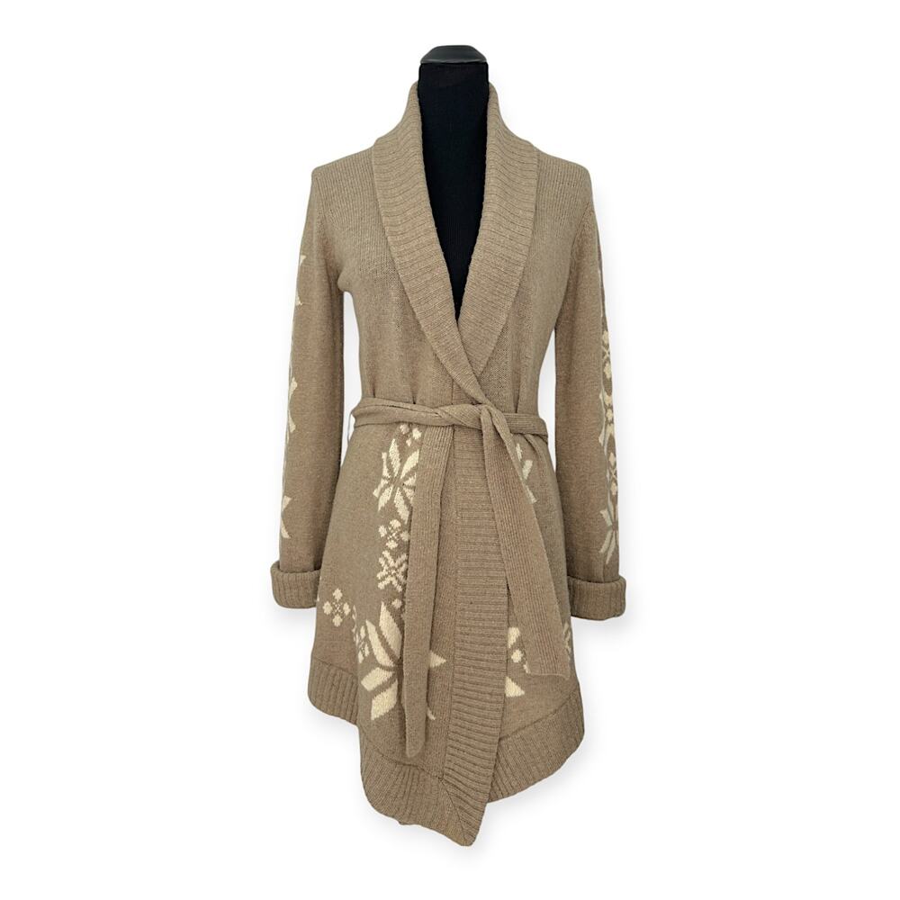 YA-YA | M | Lambswool Long Tie-Waist Ribbed Collar Lightweight Cardigan Sweater